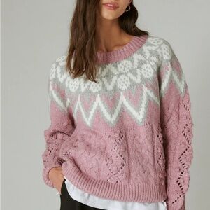 New LUCKY BRAND Women’s Small Fair Isle Sweater Pink Multi Chunky Knit MSRP $99